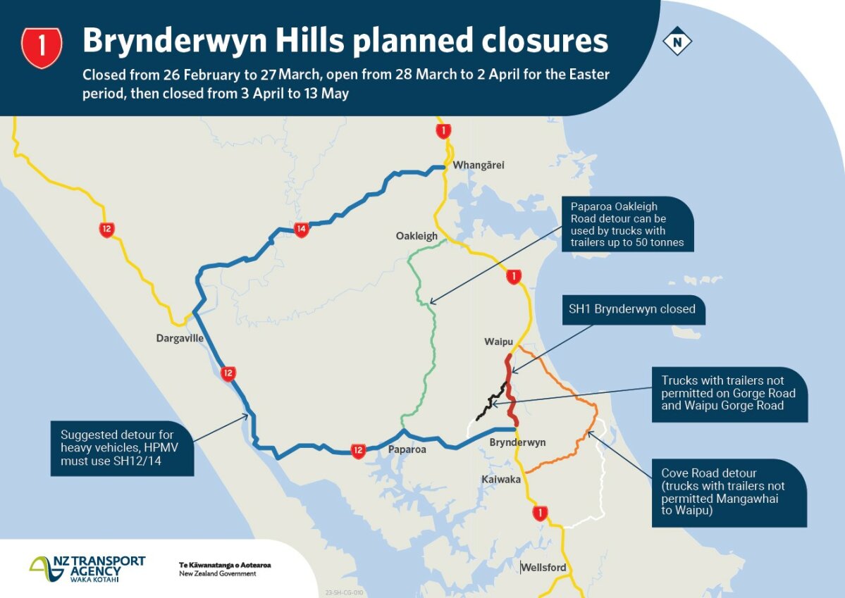 SH1 Brynderwyn Hills closure - detour routes in place